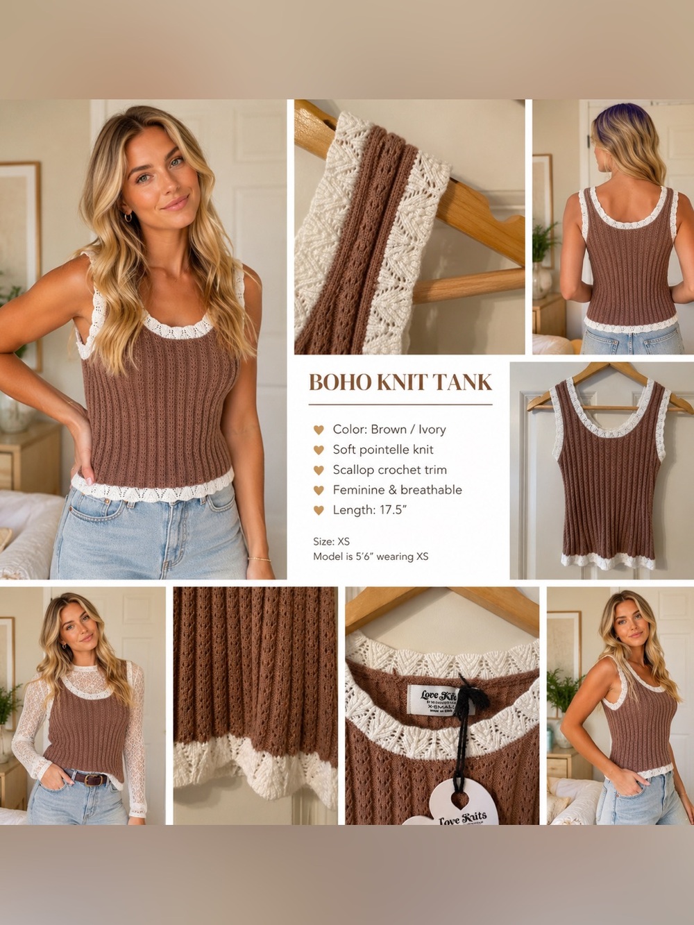 NWT love knits NYC XS Ribbed Tank with White Crochet Trim